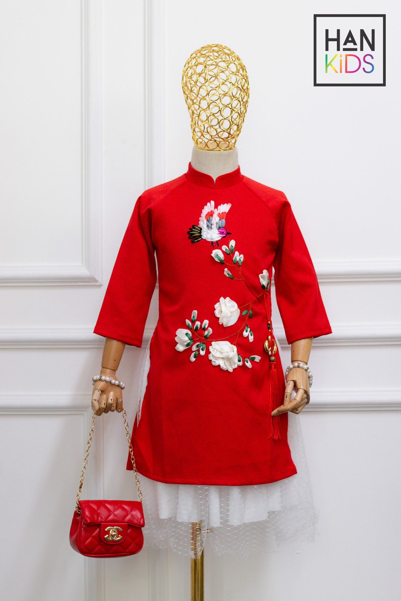 ÁO dài thêu chim phối móc đan