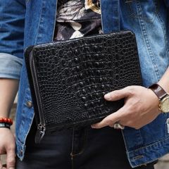 Clutch cầm tay hai khóa da Cá Sấu cỡ lớn - Đen