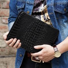 Clutch cầm tay hai khóa da Cá Sấu cỡ lớn - Đen