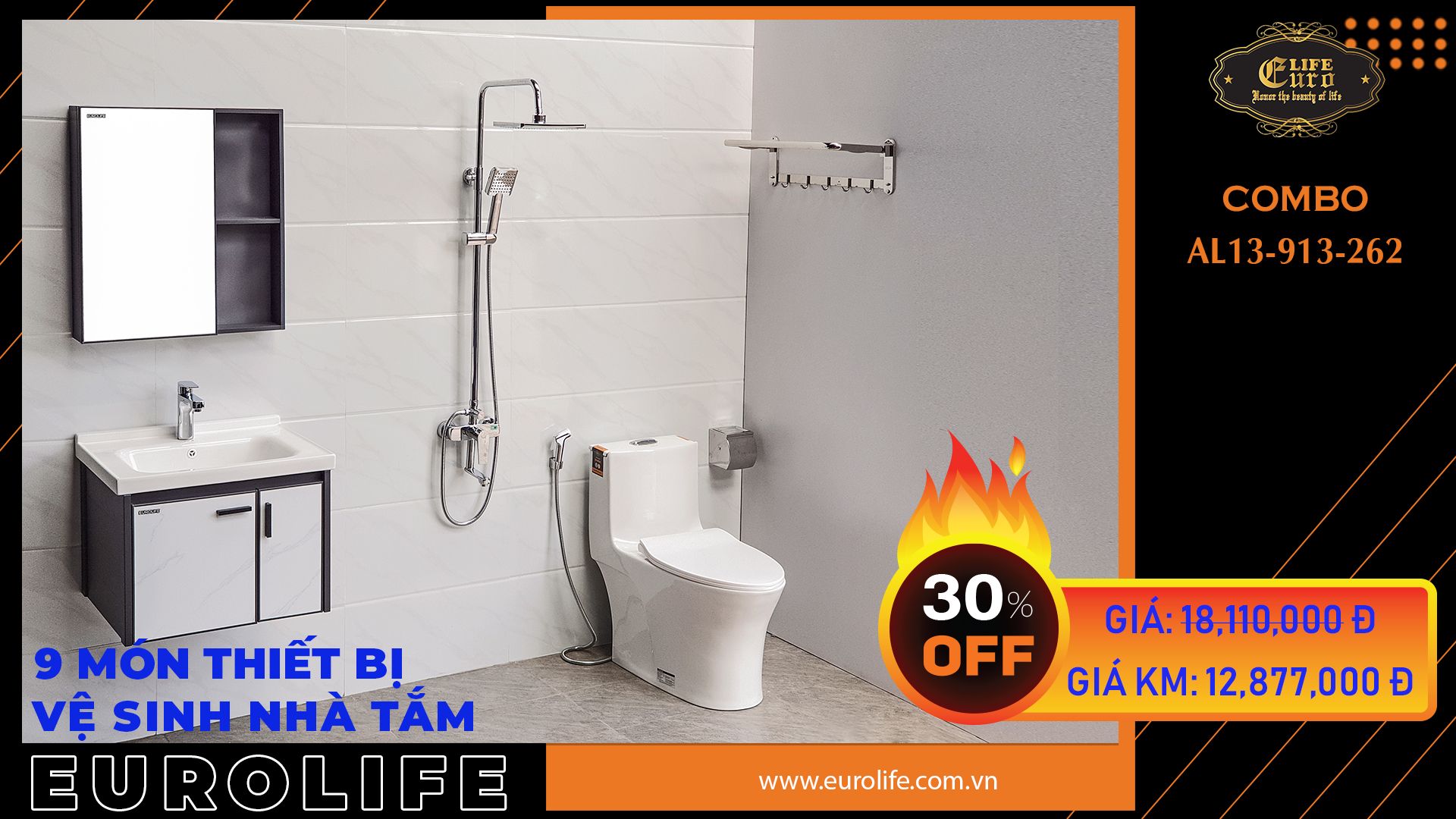 Trọn bộ thiết bị vệ sinh nhà tắm Eurolife CB AL13-S913-BC262