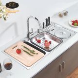Chậu rửa chén Inox 2 hộc một hố rác Eurolife EL-C4 (Trắng bạc)