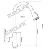  Vòi rửa chén nóng lạnh dây kéo Đồng mạ Chrome Eurolife EL-KM05 (Trắng bạc) 