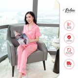 Đồ mặc nhà pyjama tay ngắn quần dài HW1001 màu hồng đậm