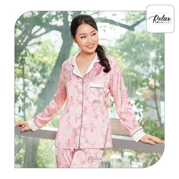 Đồ mặc nhà pyjama tay dài quần dài họa tiết HW1004-HT hồng nhạt
