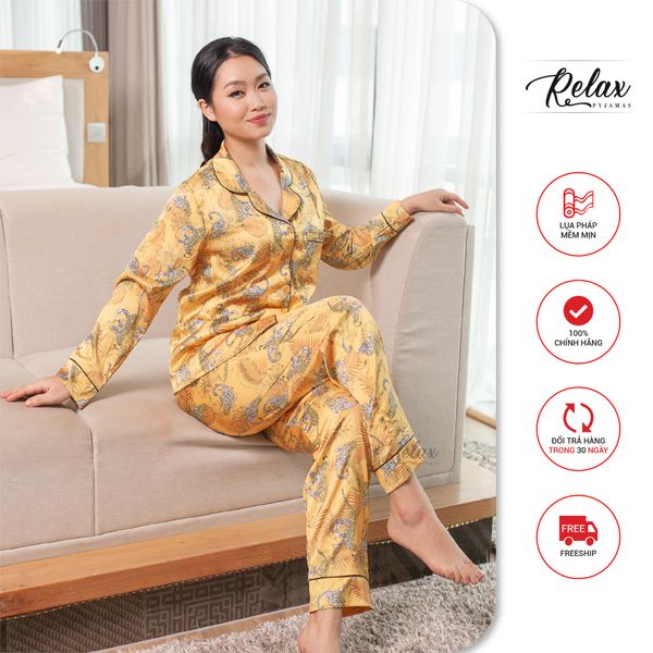 Đồ mặc nhà pyjama tay dài quần dài họa tiết HW1004-HT Vàng đồng