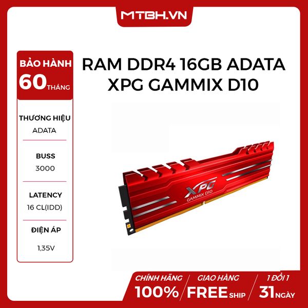 RAM DDR4 16GB ADATA XPG GAMMIX D10 BUSS 3000 TẢN NHIỆT NHÔM RED