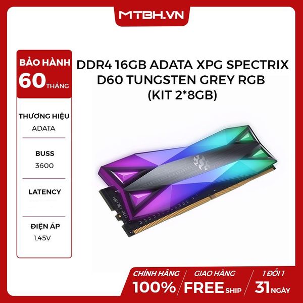 RAM DDR4 16GB ADATA XPG SPECTRIX D60G BUSS 3600 TẢN NHIỆT TUNGSTEN GREY RGB (KIT 2*8GB)