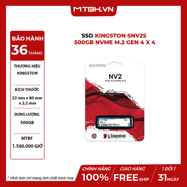 SSD Kingston 500GB NVMe M.2 Gen 4 x 4 (Đọc:3500MB/giây)
