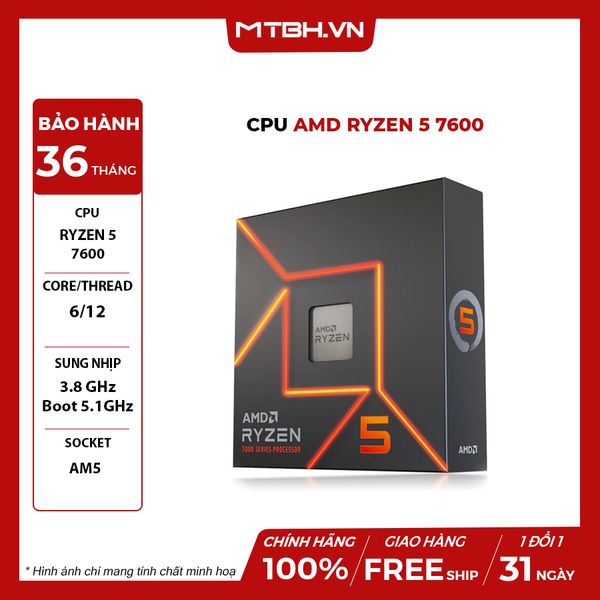 CPU AMD Ryzen 5 7600 (3.8 GHz Upto 5.1GHz / 38MB / 6 Cores, 12 Threads / 65W / Socket AM5)