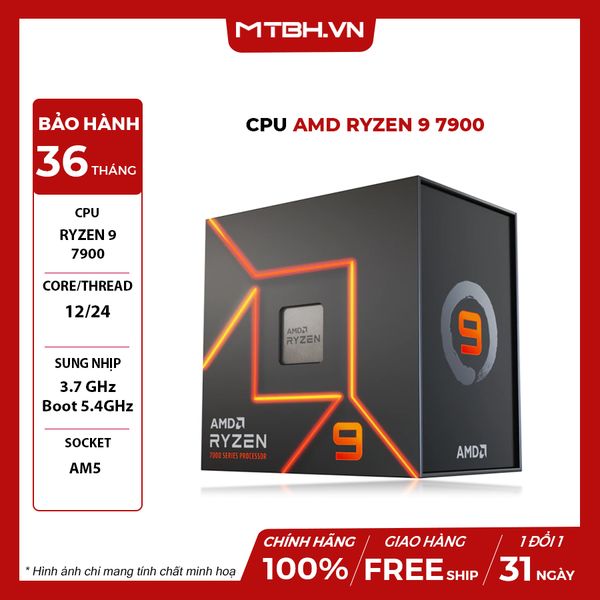 CPU AMD Ryzen 9 7900 (3.7 GHz Upto 5.4GHz / 38MB / 12 Cores, 24 Threads / 65W / Socket AM5)