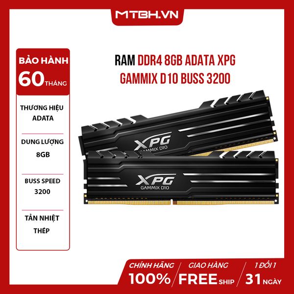 RAM DDR4 8GB ADATA XPG GAMMIX D10 BUSS 3200 TẢN NHIỆT NHÔM BLACK