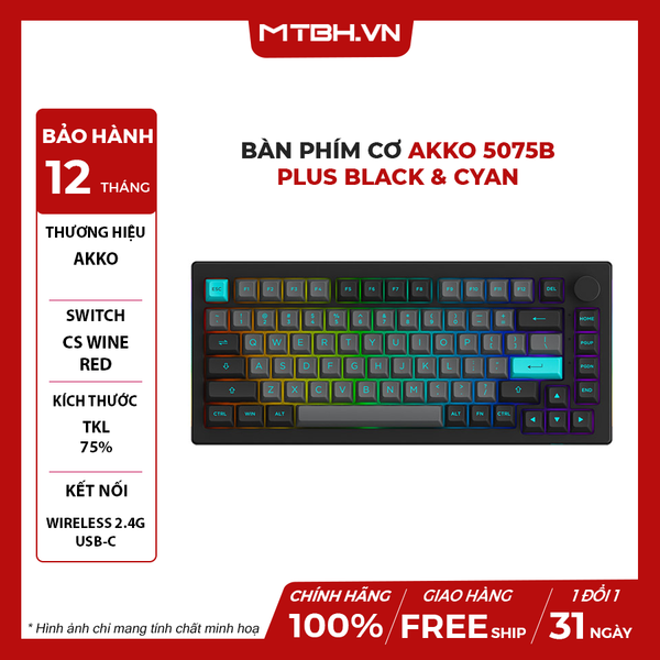 Bàn Phím Cơ Akko 5075B Plus Black & Cyan (AKKO CS Switch - Wine Red)