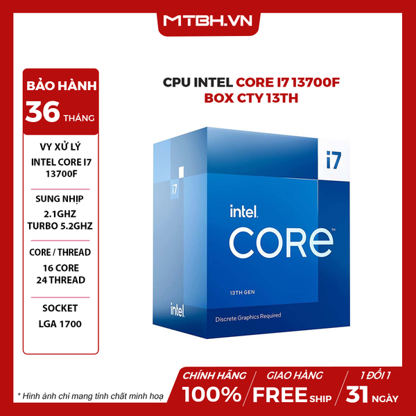 CPU Intel Core I7 13700F (30M Cache, up to 5.20GHz, 16C24T, Socket 1700) BOX CTY 13TH