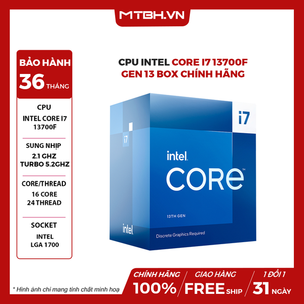 CPU Intel Core I7 13700F (30M Cache, up to 5.20GHz, 16C24T, Socket 1700) 13TH BOX CHÍNH HÃNG