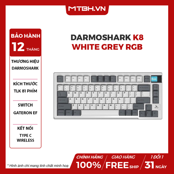 BÀN PHÍM CƠ DARMOSHARK K8 WHITE GREY RGB HOTSWAP WIRELESS