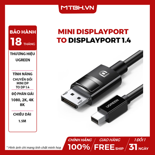 Cáp chuyển Mini Displayport ra Displayport 1.4 8K@60Hz dài 1M5 Ugreen 80663