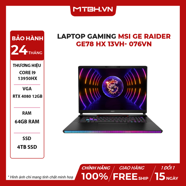 LAPTOP GAMING MSI GE RAIDER GE78 HX 13VH- 076VN CORE i9-13950HX | RTX 4080 12GB | 64GB RAM | 4TB SSD | 17