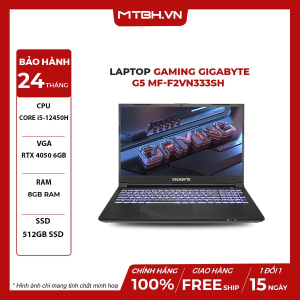 [TẶNG GÓI NÂNG RAM LÊN 16GB] LAPTOP GAMING GIGABYTE G5 MF-F2VN333SH CORE i5-12450H | RTX 4050 6GB | 8GB RAM | 512GB SSD | 15.6' FHD 144Hz | Win 11