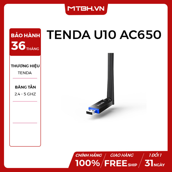 USB THU WIFI TENDA U10 AC650 BĂNG TẦN KÉP CÔNG SUẤT CAO (UP TO 433Mbps)