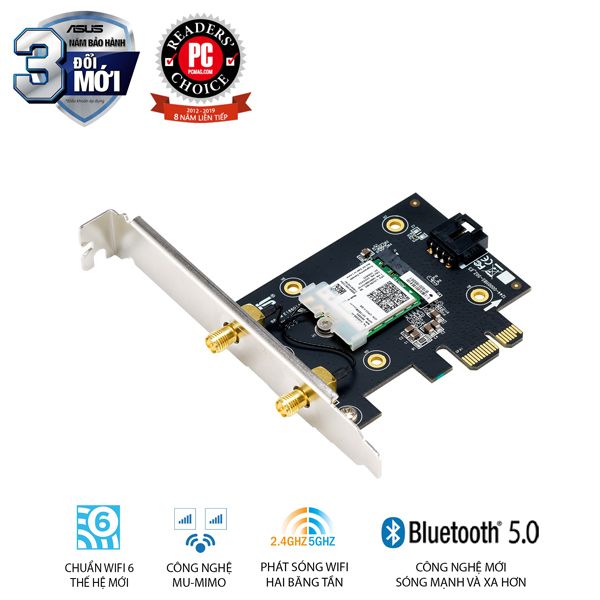 CARD MẠNG ASUS PCI-E AX3000 ADAPTER PCI-E KHÔNG DÂY AX3000 WIFI 6, 2 BĂNG TẦN, BLUETOOTH 5.0, MU-MIMO - TRAY