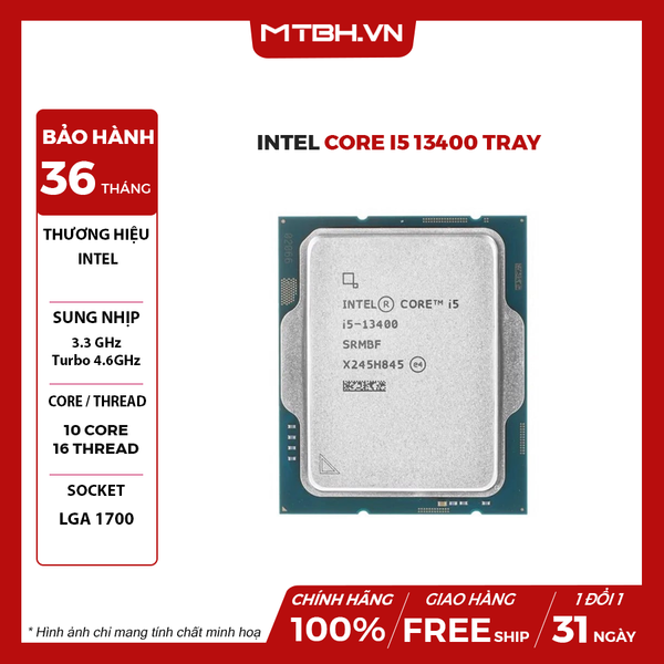 Intel Core i5 13400 (Up To 4.60GHz, 10 Nhân 16 Luồng,20MB Cache, Raptor Lake) 13TH TRAY BH 36 THÁNG