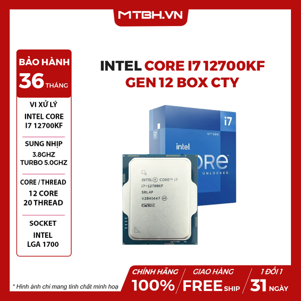 CPU Intel Core i7 12700KF (3.8GHz turbo up to 5.0Ghz, 12 nhân 20 luồng, 20MB Cache, 125W) 12TH BOX CTY