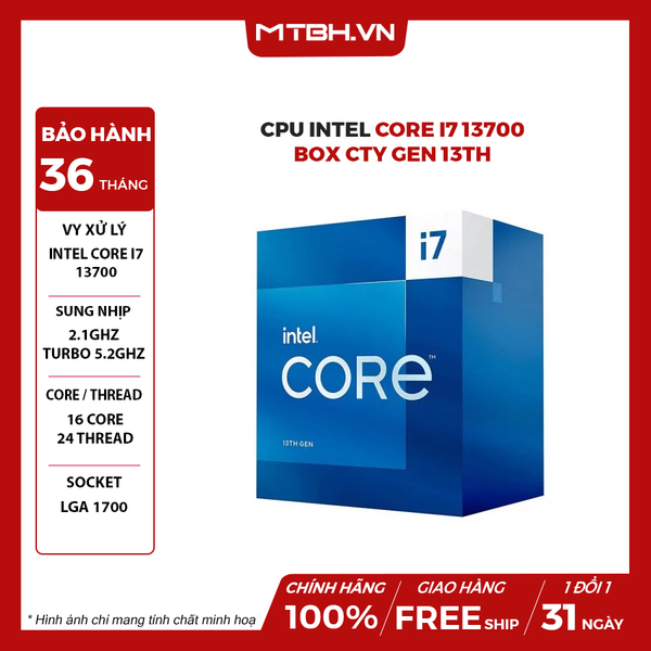 CPU Intel Core i7 13700 (3.4GHz turbo up to 5.4Ghz, 16 nhân 24 luồng, 24MB Cache, 125W) - Socket Intel LGA 1700/Alder Lake) 13TH BOX CTY