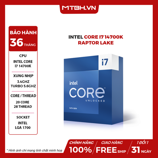 CPU Intel Core i7 14700K (Up to 5.6GHz 20 cores 28 threads 33M) BOX CHÍNH HÃNG Gen 14