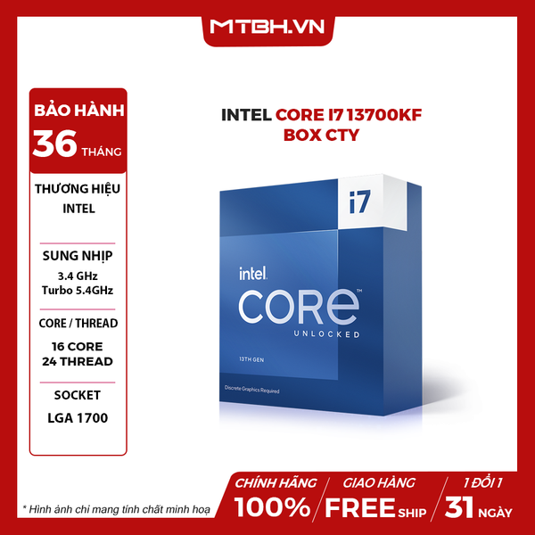 CPU Intel Core i7 13700KF (3.4GHz turbo up to 5.4Ghz, 16 nhân 24 luồng, 24MB Cache, 125W) - Socket Intel LGA 1700/Alder Lake) 13TH BOX CTY