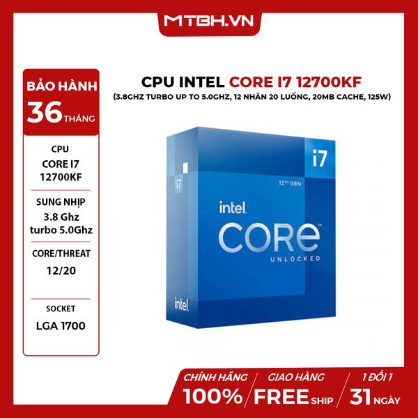 CPU Intel Core i7 12700K (3.8GHz turbo up to 5.0Ghz, 12 nhân 20 luồng, 20MB Cache, 125W) 12TH BOX CHÍNH HÃNG