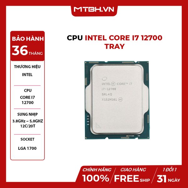 CPU Intel Core i7 12700 (3.8GHz turbo up to 5.0Ghz, 12 nhân 20 luồng, 20MB Cache, 125W 12TH) TRAY