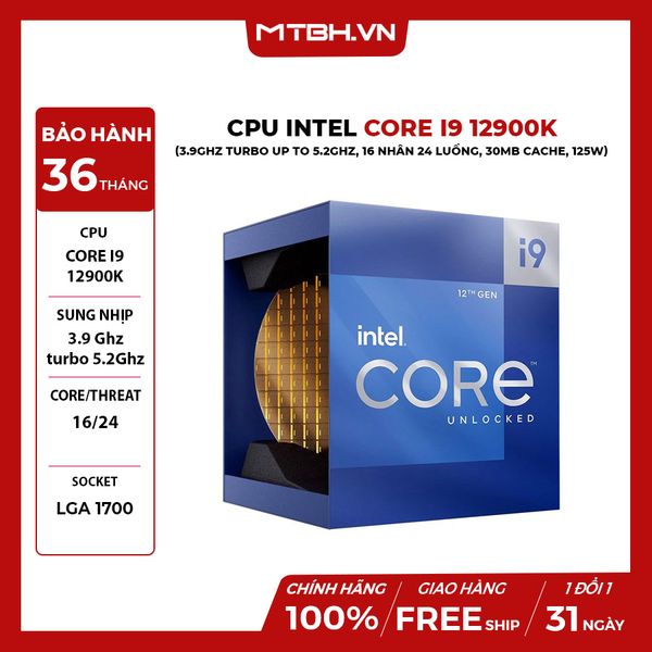 CPU Intel Core i9 12900K (3.9GHz turbo up to 5.2Ghz, 16 nhân 24 luồng, 30MB Cache, 125W) 12th BOX CHÍNH HÃNG