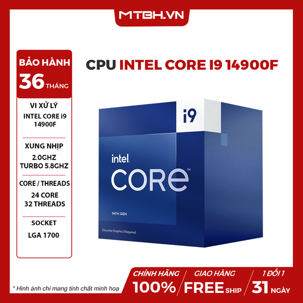 CPU INTEL CORE I9 14900F (UP TO 5.8GHZ, 24 NHÂN 32 LUỒNG, 36MB CACHE, 65W) BOX CHÍNH HÃNG GEN 14