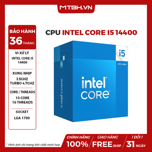 CPU INTEL CORE I5 14400 (UP TO 4.7GHZ, 10 NHÂN 16 LUỒNG, 20MB CACHE, 65W) BOX CHÍNH HÃNG GEN 14