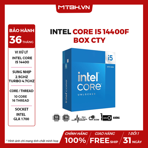 CPU INTEL CORE I5 14400F (UP TO 4.7GHZ, 10 NHÂN 16 LUỒNG, 20MB CACHE, 65W) BOX CTY GEN 14