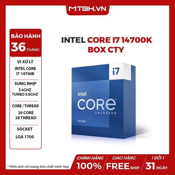 CPU Intel Core i7 14700K (Up to 5.6GHz 20 cores 28 threads 33M) BOX CTY Gen 14