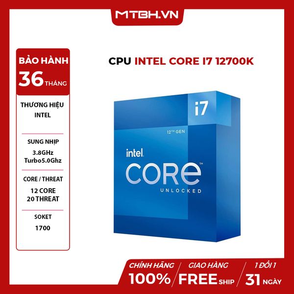 CPU Intel Core i7 12700K (3.8GHz turbo up to 5.0Ghz, 12 nhân 20 luồng, 20MB Cache, 125W) 12TH BOX CTY