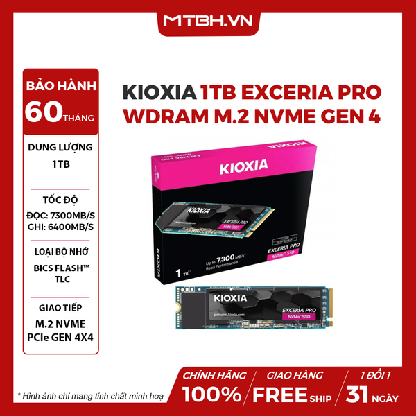 SSD Kioxia (TOSHIBA) 1TB Exceria Pro WDRAM M.2 NVME GEN 4 (ĐỌC:7300MB/S)