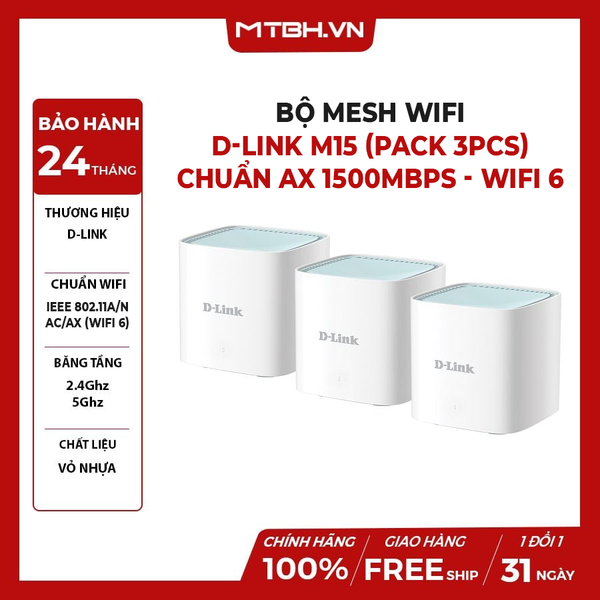 BỘ MESH WIFI D-LINK M15 (PACK 3PCS) - CHUẨN AX 1500MBPS - WIFI 6