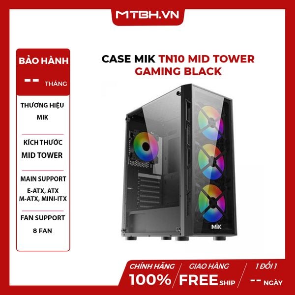 CASE MIK TN10 MID TOWER GAMING BLACK (3 Fan RGB)
