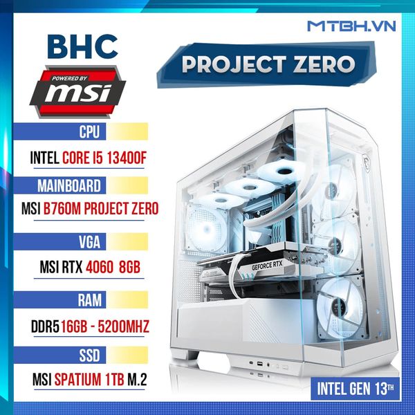 PC Gaming BHC Ares MSI Project Zero White Gen 14th ( i5 14400F | RTX 4060 8GB | 16GB DDR5 | B760M | 500GB )