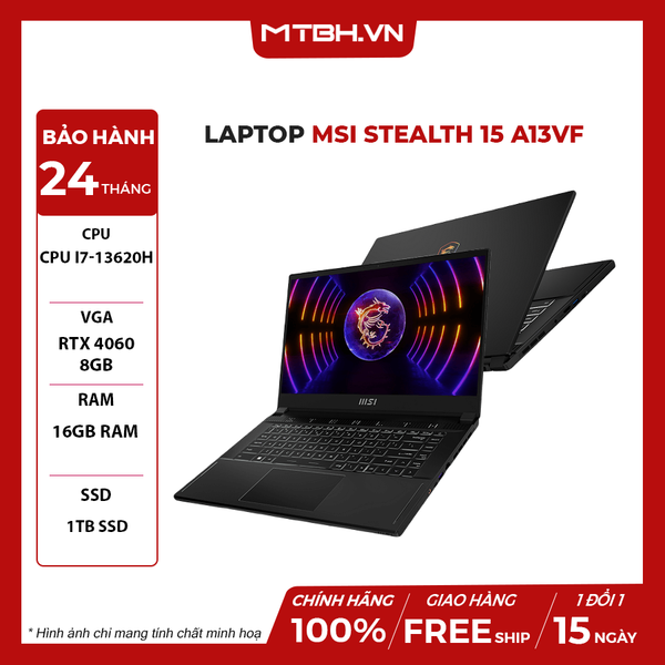 LAPTOP MSI STEALTH 15 A13VF CPU i7-13620H | VGA RTX 4060 | 8GB RAM | 16GB RAM | 1TB SSD | 15.6 QHD OLED 100% DCI-P3 240Hz | Win 11