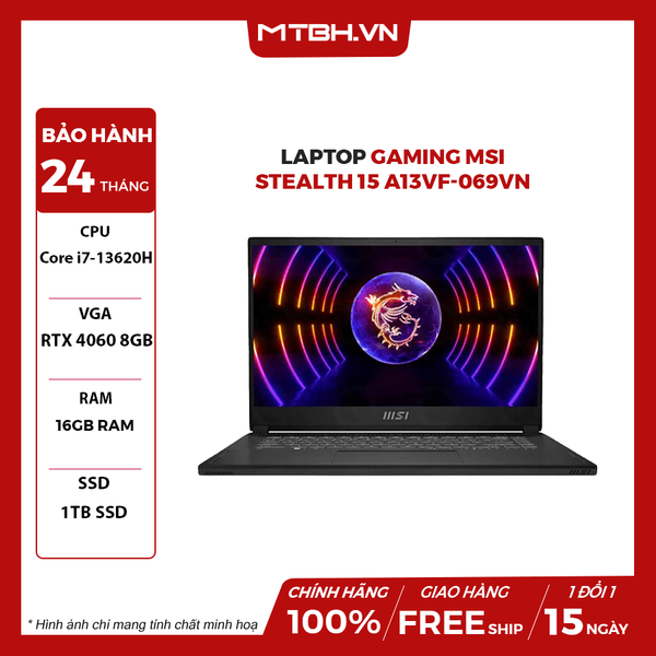 LAPTOP GAMING MSI STEALTH 15 A13VF-069VN Core i7-13620H | RTX 4060 8GB | 16GB RAM | 1TB SSD | 15.6″ 2K 240Hz | Win 11