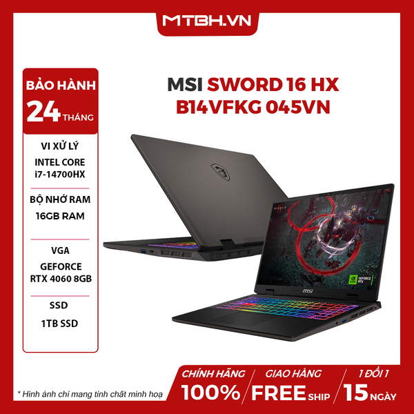 LAPTOP MSI SWORD 16 HX B14VFKG 045VN CPU i7-14700HX | RTX 4060 8GB | 16GB RAM | 1TB SSD | 16