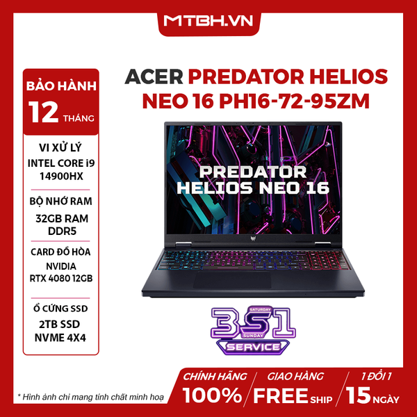 LAPTOP ACER PREDATOR HELIOS NEO 16 PH16-72-95ZM CORE i9-14900HX | RTX 4080 12GB | 32GB RAM | 2TB SSD | 16' QHD MiniLED 250Hz 100% DCI-P3 | Win 11