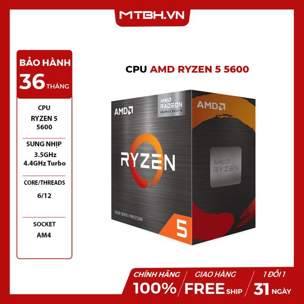 CPU AMD Ryzen 5 5600 ( Up to 4.4GHz, 6 Cores 12 Threads) Box Chính Hãng