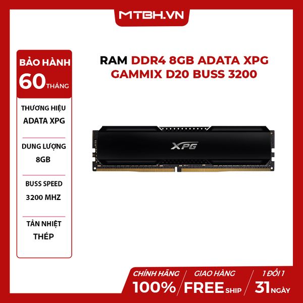 RAM DDR4 8GB ADATA XPG GAMMIX D20 BUSS 3200 TẢN NHIỆT NHÔM BLACK