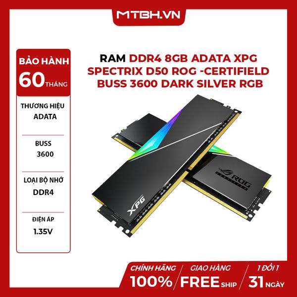 RAM DDR4 8GB ADATA XPG SPECTRIX D50 ROG BUSS 3600 TẢN NHIỆT DARK SILVER RGB