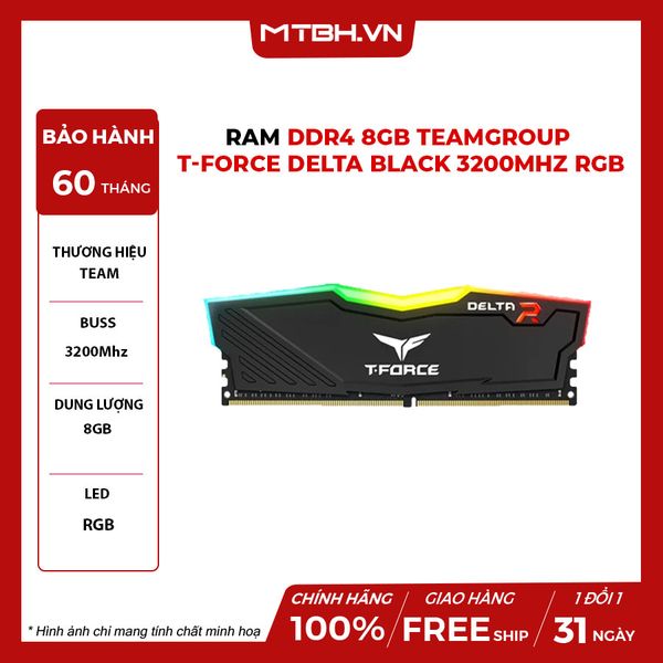 RAM DDR4 8GB TEAMGROUP T-FORCE DELTA BLACK 3200Mhz RGB