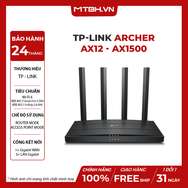 BỘ PHÁT WIFI 6 TP-LINK ARCHER AX12 - AX1500 | 2 BĂNG TẦN | WPA3